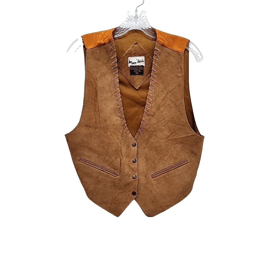 Vintage Vest Unisex M Camel Brown Suede Leather Whipstitch Lacing Western Ranch
